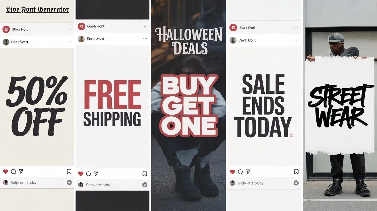 Split collage showing 6 different font styles for social media ads. Cursive font says "50% OFF". Bold font says "FREE SHIPPING". Bubble font says "BUY ONE GET ONE". Gothic font says "HALLOWEEN DEALS". Calligraphy font says "SALE ENDS TODAY". Graffiti font says "STREET WEAR". Font comparison guide for ad design.
