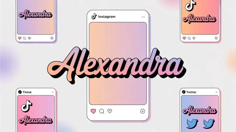 Social media post design showing stylish font examples for Instagram, TikTok, and Twitter profiles with the name Alexandra displayed in different fancy text styles.