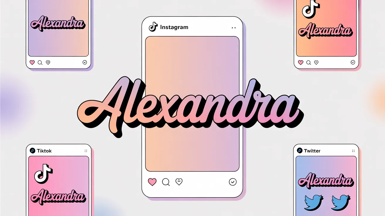 Social media post design showing stylish font examples for Instagram, TikTok, and Twitter profiles with the name Alexandra displayed in different fancy text styles.