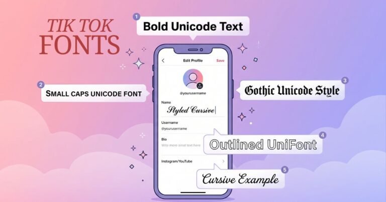 TikTok font generator showing cursive bold and gothic Unicode text styles for bio and display name