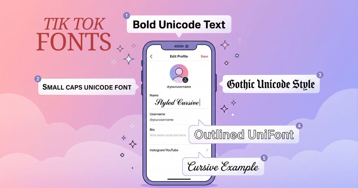 TikTok font generator showing cursive bold and gothic Unicode text styles for bio and display name